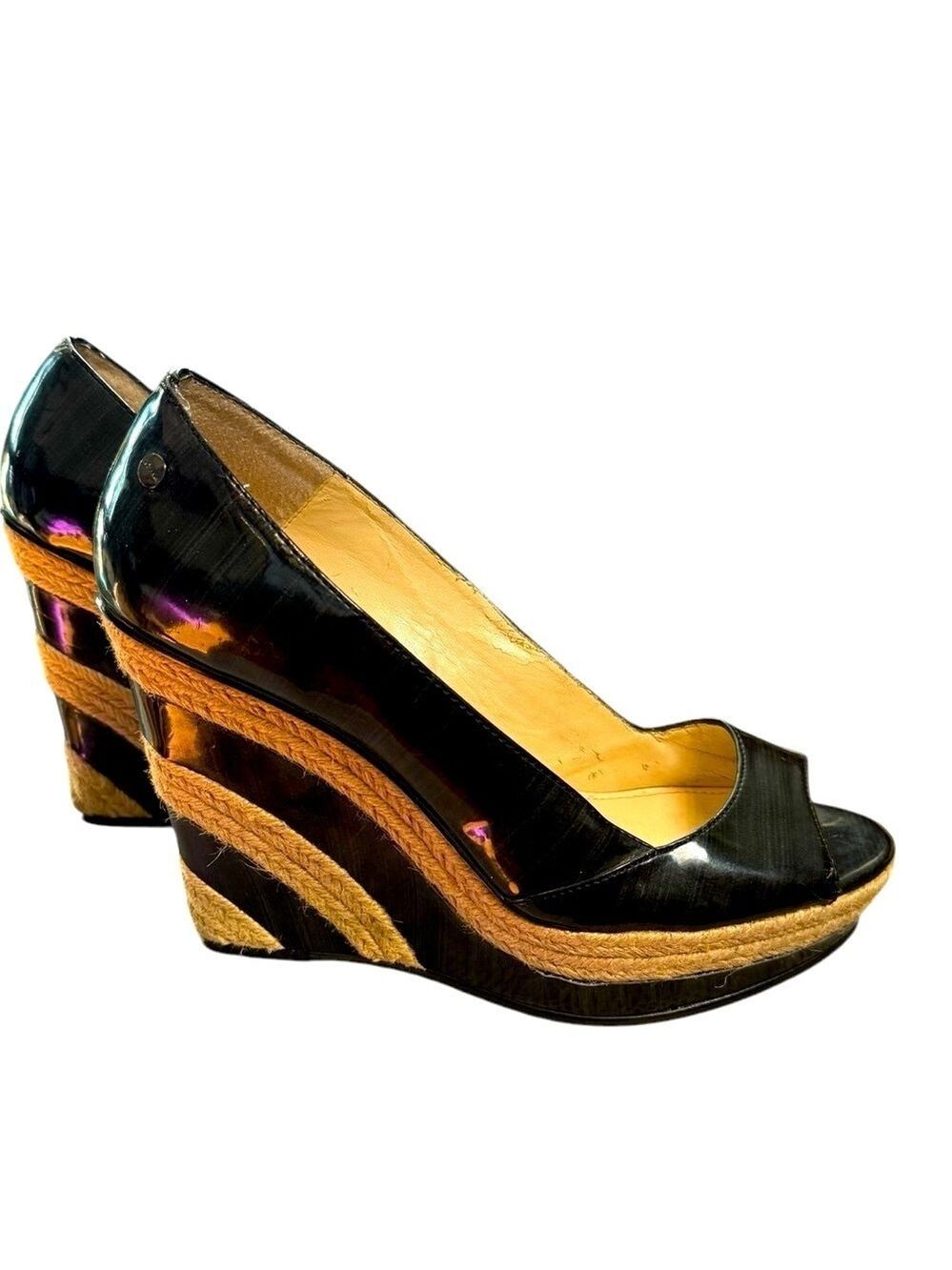 Calvin Klein Navy Patent Leather Heeled Wedge Espadrille Size 8.5 - Picture 2 of 10